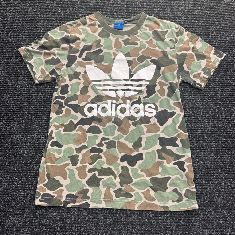 Adidas Originals Mens Camo Trefoil Logo T-Shirt Green Brown Camouflage Tee Small